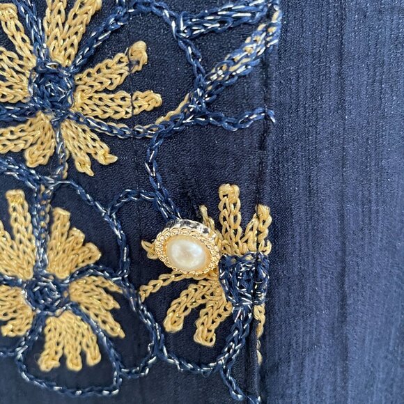 Ana & Rose Navy Blue Embroidered Floral Blouse XL Gold Stitching Boho Chic - Picture 5 of 10